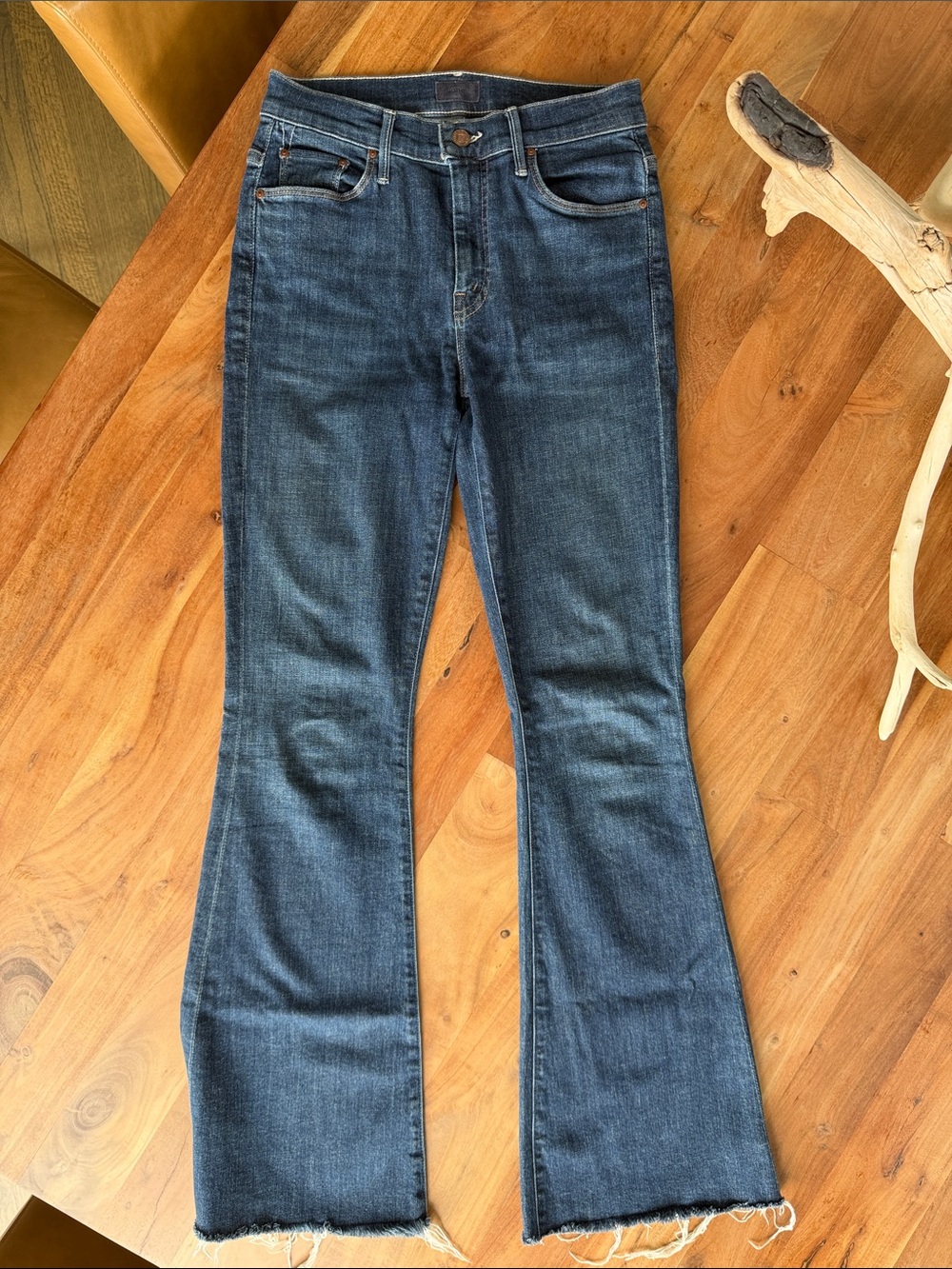 MOTHER Dark Blue Flare Jeans with Raw Hem